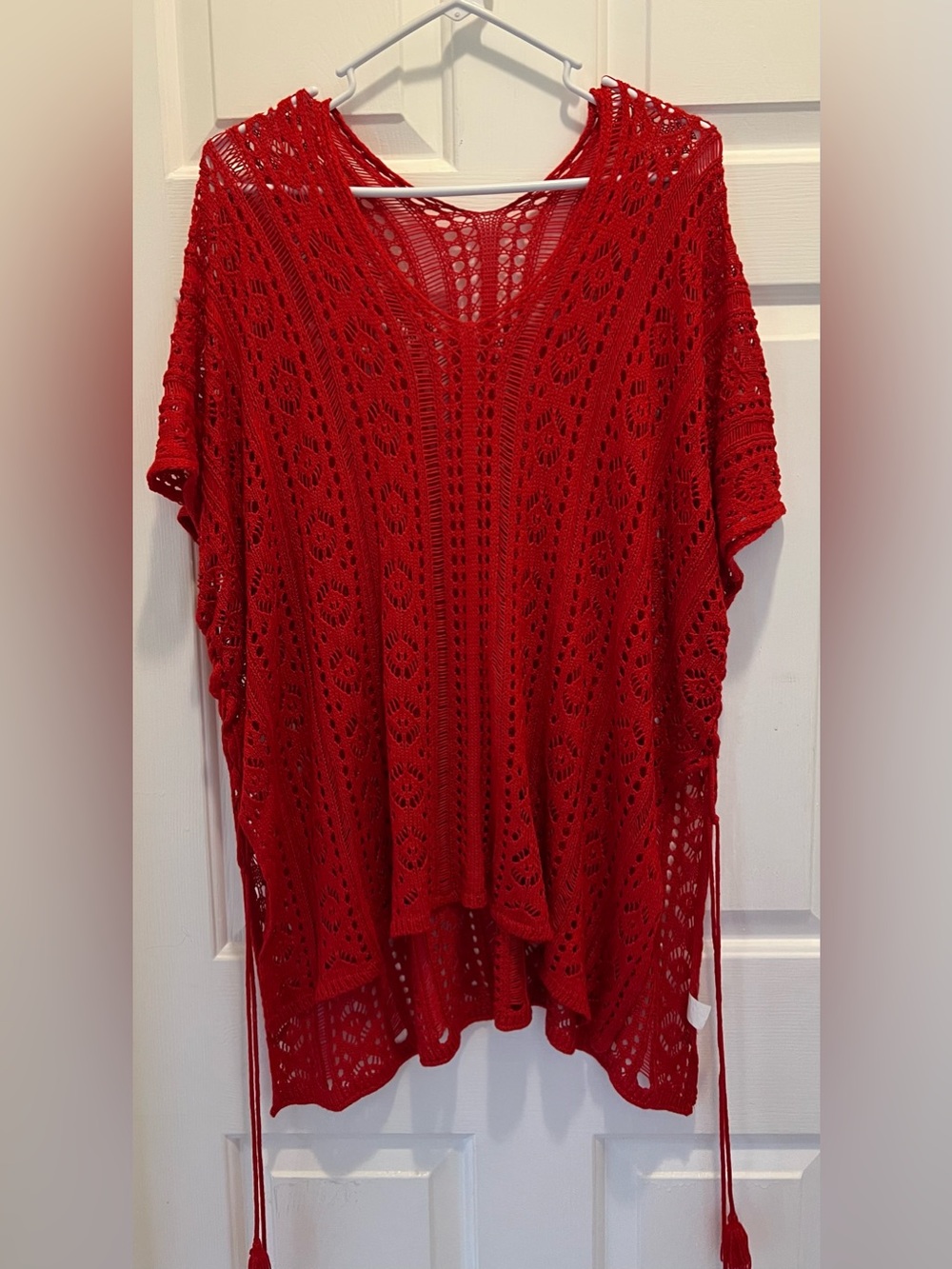 Red Crochet Knit Boho Poncho Swimsuit Cover-Up | OSFM